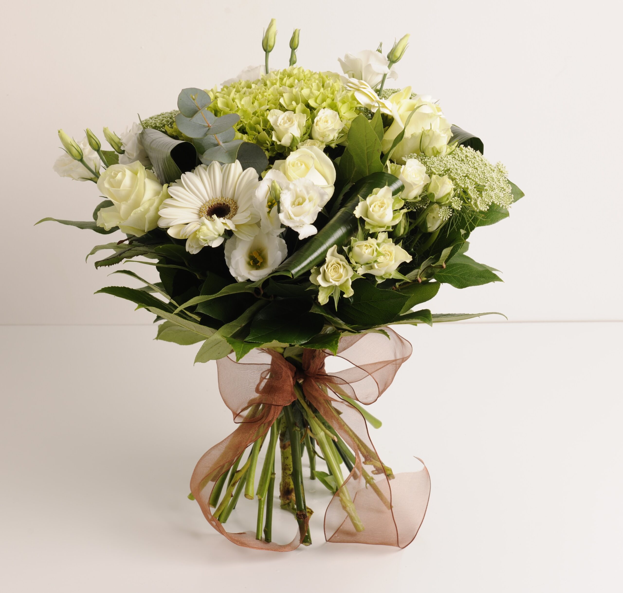 English country hand-tied bouquet fresh flowers white green foliage
